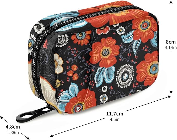 Black Poppy Paisley Travel Pill Organizer Case Box Container Weekly Portable Vitamin Medicine Holder Storage Bag with Zipper Removable