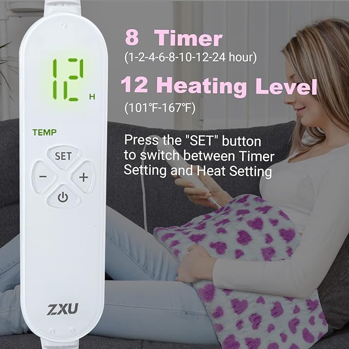 ZXU Heating Pad for Back Pain Relief, Ultra Soft Sherpa Heating Pad for Cramps Relief with 12 Heat Setting and Auto Shut Off Function, Moist Heat Option, Machine Washable, Stay on Electric Heated Pad