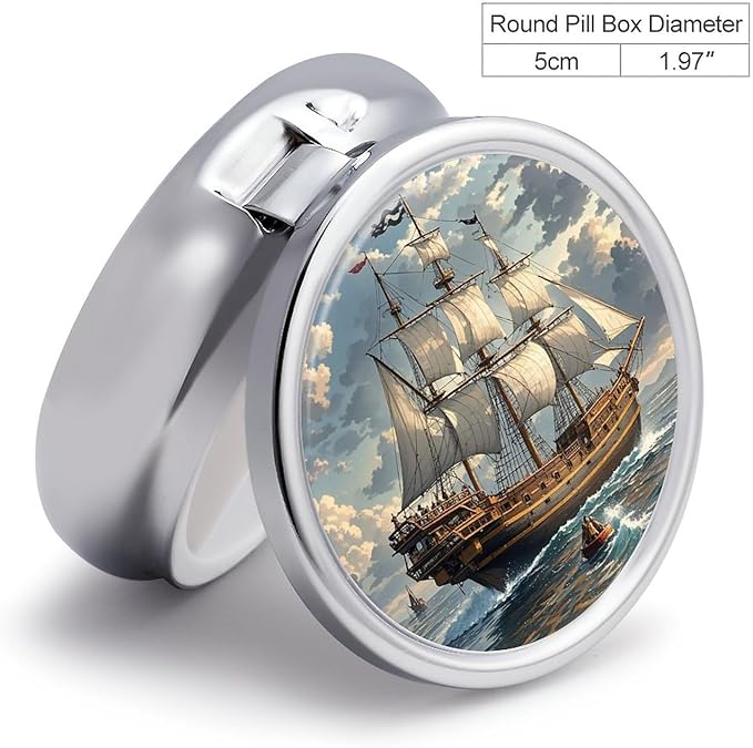 Nautical Sailing Pirate Ship Pill Box Travel Pill Case for Purse Pocket Weekly Medicine Organizer with Mirror 3 Compartment Round Medicine Case Portable PillcaseHolder for Daily