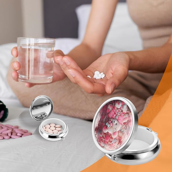 Pill Box Cute Small Pill Box for Purse & Pocket Medicine Organizer Travel Pillbox Waterproof Pills Cases Metal Pills Container Holder for Vitamins, Fish Oil, Supplements (Pink)