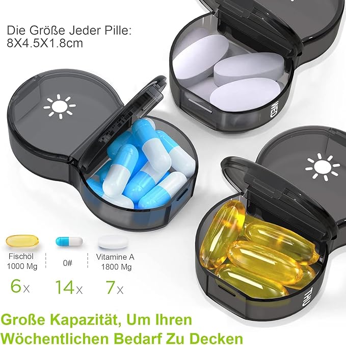 Daily Pill Organizer for Women and Men with 7 Compartments, Large Capacity, Water Resistant, Leakproof, Durable, Easy to Carry (Black)