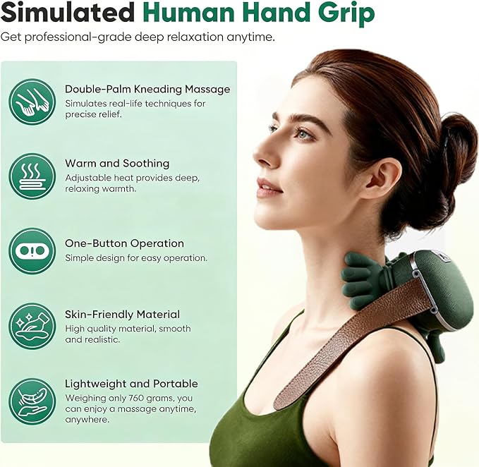Neck Massager with Fingers - Bionic Heated Massager,Neck and Shoulder Massager,Wireless Portable Electric Shiatsu 4D Kneading Massage, Simulated Human Hand Design(Green)