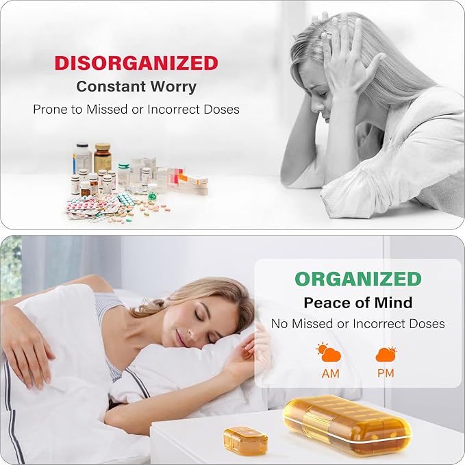 Weekly Pill Organizer 2 Times a Day, Moisture-Proof, Detachable Compartments, AM PM Pill Box 2X 7 Day, Travel Pill Organizer for Pills/Fish Oil/Medication/Vitamin/Supplements (Amber)