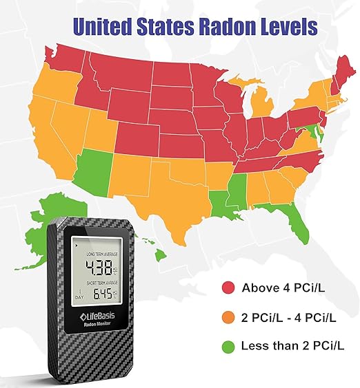 LifeBasis Radon Detector, Radon Test for Home with Long and Short Term Radon Meter, Home Radon Gas Monitor US Version-pCi/L (Update Version, Carbon Fiber Color)