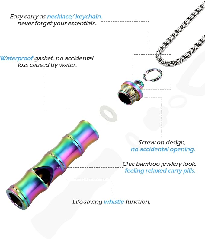Titanium Pill Holder Necklace for Men Women Emergency Whistle Mini Keychain Nitro Pill Case with Loud Whistles EDC Safety Backpacking Survival Hiking Camping Pets Training