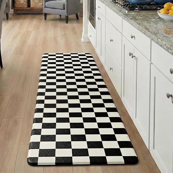 Beige Black Checkered Grid Checkerboard Kitchen Rug Sets [2 PCs], Anti-Fatigue, Waterproof Non-Slip Kitchen Mats Heavy Duty Comfort Foam Rug for Kitchen, Floor, Laundry,17"x59"