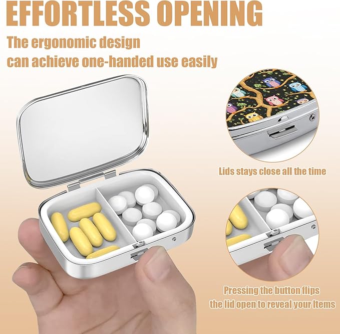 Pill Box-2 Compartment Small Pill Case Square Organizer Case with Mirror Portable Metal Medicine Box Travel Container for Pocket & Purse Women Men(Owl)
