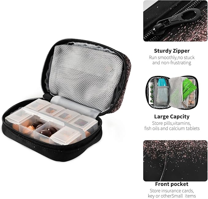 Rose Gold Black Glitter Pill Organizer Case 7 Day Travel Pill Box with Zipper Portable Weekly Vitamin Medicine Supplement Holder Pouch Bag