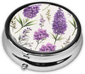 Purple Lavender Colored Flowers Printed Pill Organizer,Round Travel Pill Organizer Mini Medicine Pill Box for Purse Iron Plating