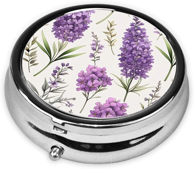 Purple Lavender Colored Flowers Printed Pill Organizer,Round Travel Pill Organizer Mini Medicine Pill Box for Purse Iron Plating