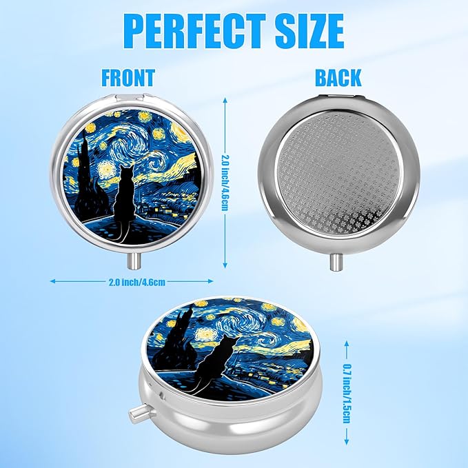 Starry Night Cat Pill Case, Pill Box 3 Compartments Metal Small Pill Holder with Mirror Mini Travel Pill Container for Purse Pocket Women Men