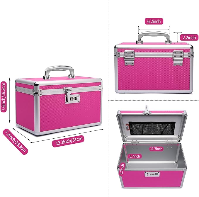 Lockable Medication Box with Portable Storage Case, 12.2''x 7.2''x 7.6'', Childproof Medicine Organizer with Combination Lock, Locking Box for Money, Documents & Meds (Pink/Medium)
