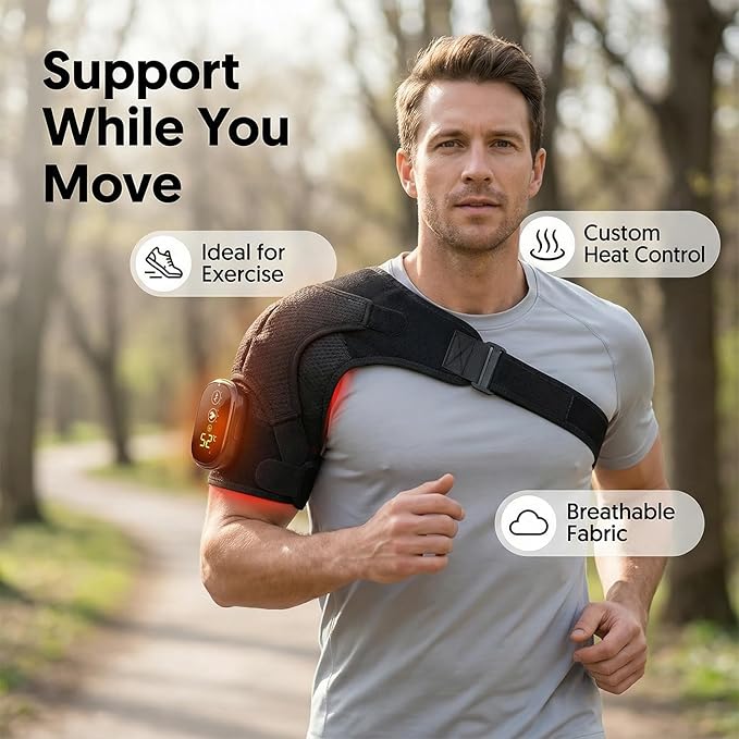 Shoulder Heating Pad with 3 Vibration Modes, Portable Electric Cordless Shoulder Massager,Shoulder Wrap Pain Relief Ideal Gifts for Men, Women, Seniors - Black