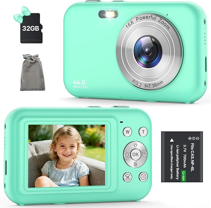 Digital Camera, Kids Camera with 32GB Card, FHD 1080P 44MP Vlogging Camera, 16X Zoom Point and Shoot Digital Camera Compact Portable Rechargeable Cameras for Teens Boys Girls Students Seniors-Green