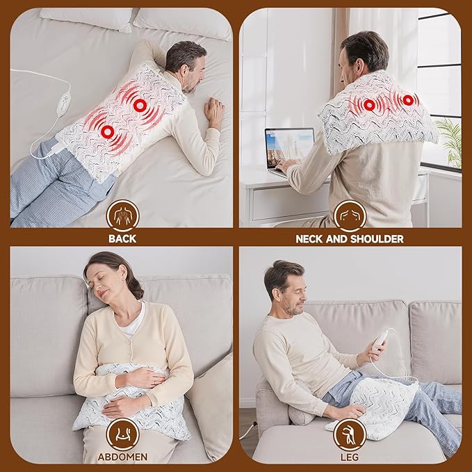 Heat Massaging Weighted Heating Pad for Back Pack, Weighted Electric Heating Pad with Massaging Vibrations 3.7lb Non-Toxic Beads 4 Heat Settings 4 Massage Modes 2h Auto-Off (Grey White, 12"x24")