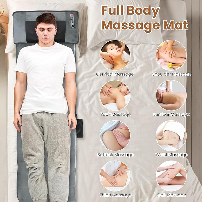 Full Body Massage Mat with Heat, Full Body Vibrating Heating Pad with Movable Shiatsu Neck Massage Pillow, 10 Vibrating Motors & 3 Heating Pads, Back Massager for Pain Relief