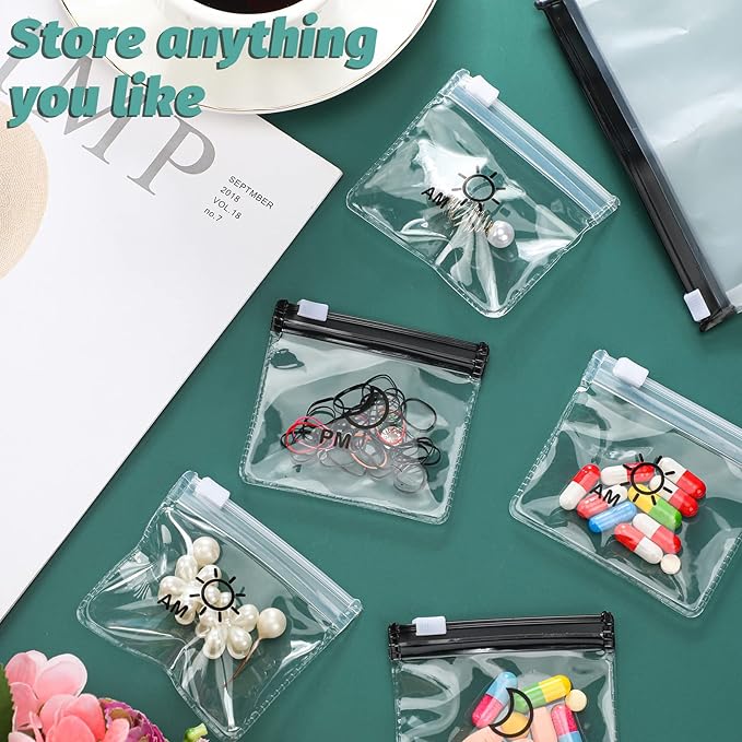 Colarr 14 Pcs AM PM Pill Pouches Bags Reusable Zippered Day and Night Pill Organizer with Slide Lock for Travel Medicine Case, 1 Large 14 Small(Clear, Black)