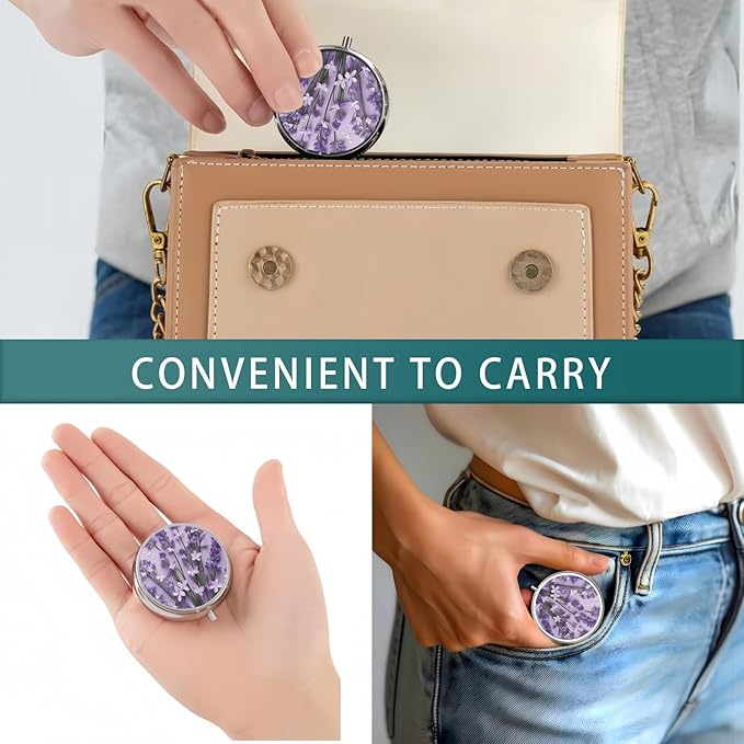 Pill Box 3 Compartment Pocket Small Pill Organizer Mini Metal Pill Holder Travel Portable for Woman Old People and Kids - Purple Lavender Flower