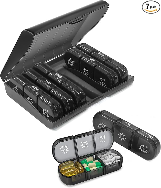 SPRING SEAON Weekly Pill Organizer Travel Pill Case Vitamins Box for Pills 3 Times a Day Extra Large Capacity Durable Hinge Easy Open Lids Medicine Container (Black & Colorful Options)