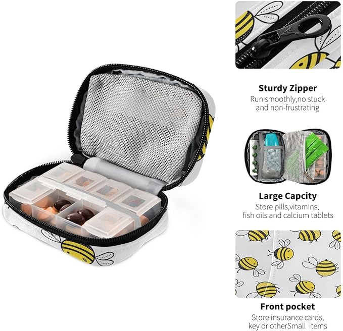 xigua Flying Bumble Bees Pill Cases Bag Portable Pill Box Storage Bag, Travel Medicine Organizer, Zippered Pill Case for Medicine Storage and Organizing