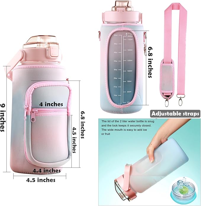 Half Gallon Water Bottle with Sleeve & Strap 64 OZ Motivational Water Bottles with Straw Large Wide Mouth Water Jug with Time Marker for Fitness, Gym and Outdoor Sports, Leak-proof & BPA Free,