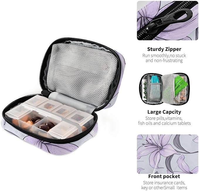 Purple Lilac Lily Travel Pill Organizer Case Box Container Weekly Portable Vitamin Medicine Holder Storage Bag with Zipper Removable