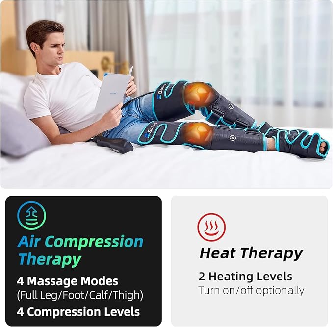Leg Massager with Air Compression & Heat, Calf & Foot Massager for Circulation and Pain, Compression Boots with Video Wearing Guide, Update Controller with 6 Modes & 3 Heating Levels, Gift for Mom