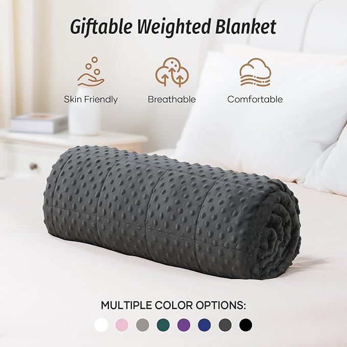 Wemore Minky Dot Weighted Blanket for Adults Twin Size 15 lb, Soft Heavy Blanket for Stress Relief and Sleep Promotion, Breathable Blanket for All-Season with Glass Beads, Dark Grey 48 x 72 inches