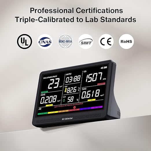 bonoch 16 in 1 Air Quality Monitor Indoor 7" Display 9 AQI+7 AQI Alerts, CO2 Monitor Air Quality Tester for CO2, TVOC, PM2.5 PM1.0 PM10, HCHO Temperature Humidity AQI & Time Air Quality Meter for Home