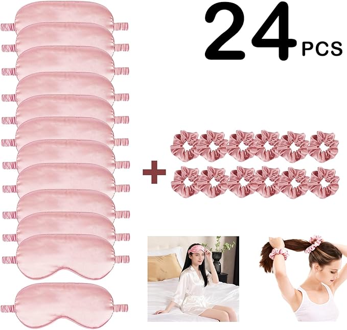 24Pcs Satin Eye Mask Silk Sleep Masks Silky Eyes Cover Blackout Blindfold Eyeshade Scrunchies Hair Ties Travel Wedding Gift