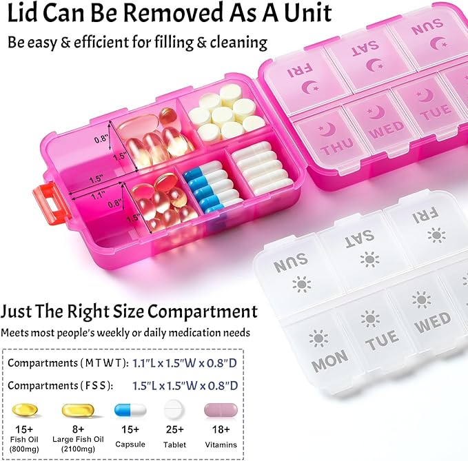 New Foldable & Double Protection Portable Weekly Pill Organizer 2 Times A Day with Etched Labels, AM PM 7 Day Week Medicine Box, Daily Travel Pill Case Dispenser for Vitamin, Supplement - Clear Pink