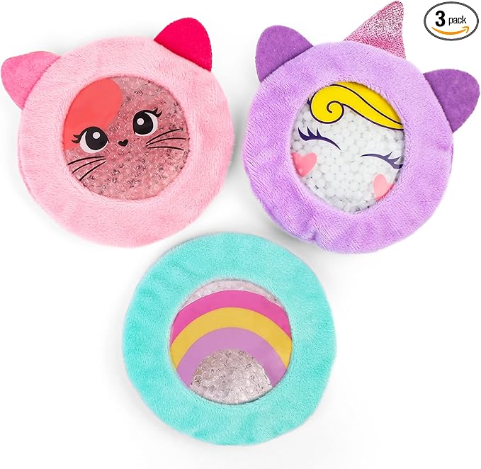 LotFancy Kids Ice Packs for Boo Boos, 3 Pack, Reusable Hot Cold Packs with Cute Plush Sleeves, Small Round Gel Pads for Injuries, Headache, Fever, Wisdom Teeth, Pain Relief, 4.75”