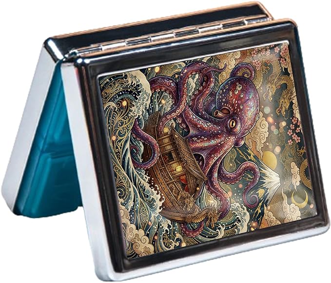 Metal 7 Day Pill Organizer, Weekly Pill Case 8 Compartments, Travel Pill Box for Purse & Pocket, Small Medicine & Vitamin Organizer, PP Dividers, Secure Clasp (Octopus)