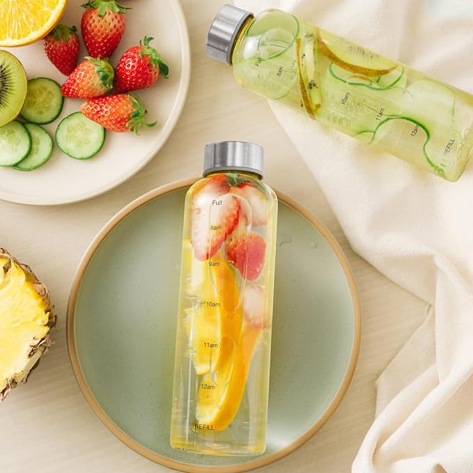 2 Pack Glass Water Bottles With Time Marker, 18 OZ Motivational Water Bottle with Non-slip Sleeve, Beverage Bottles with Hydrating Reminder, Reusable Drinking Bottle for Hot and Cold Drinks