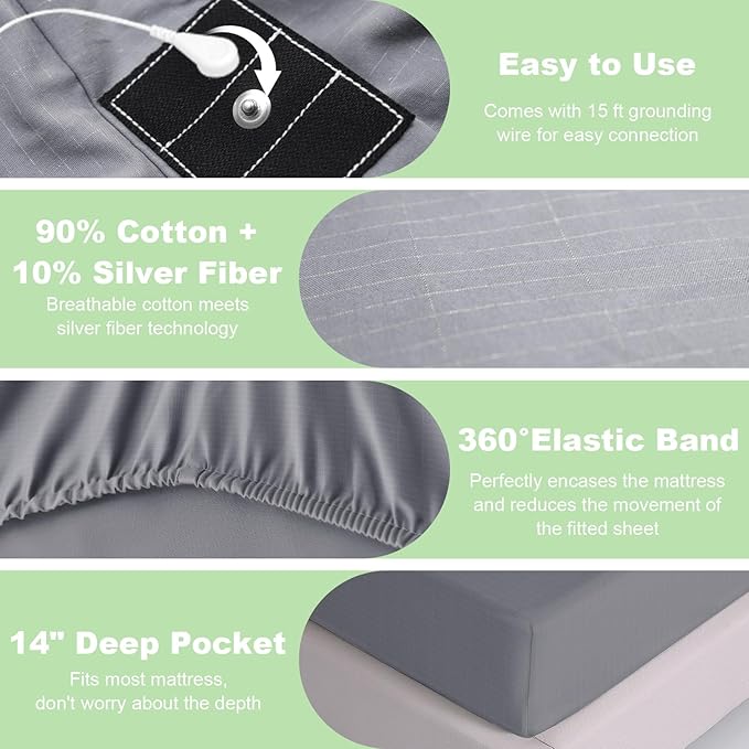 Grounding Sheets Full Size Premium Cotton for Healthy Sleep Therapy, Deep Pocket Grounding Fitted Sheets Includes Grounding Cord (Gray, Full -54"x75"x14")