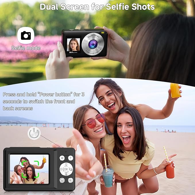 Digital Camera, 56MP 2.7K Dual-Screen Selfie Camera with 16X Zoom, 20 Filters & Anti-Shake, Portable Point and Shoot Digital Cameras with 32GB Card, Compact Travel Cameras for Beginners Teens Kids