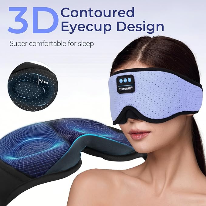 Sleep Mask with Bluetooth Headphones, 3D Bluetooth Wireless 5.4 Blackout Eye Mask with Timer, Breathable Cotton Sleeping Headphones for Side Sleeper, Travel, Meditation, Gifts for Men Women, Purple