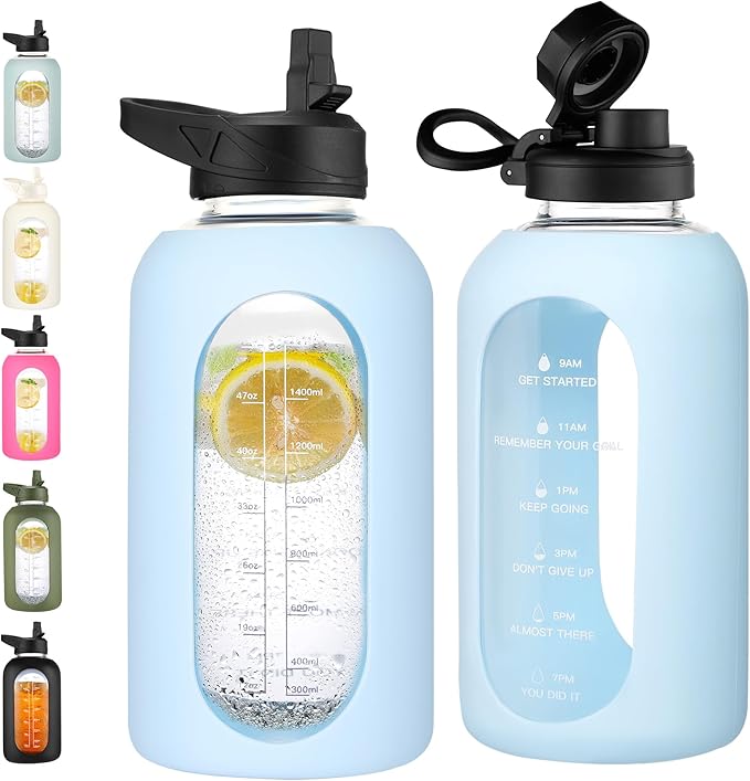 CIVAGO 64 oz Glass Water Bottle Jug with Straw and Handle, Half Gallon Sports Motivational Water Bottle with Time Marker, Wide Mouth Flask Canteen with Silicone Sleeve for Gym, Light Blue