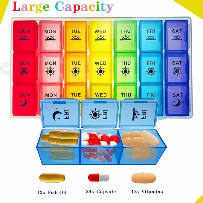 Weekly Pill Organizer 3 Times a Day, Large Pill Box 7 Day, Medicine Organizer Box, Pill Case Container, Daily Pill Organizer for Vitamins/Fish Oils.