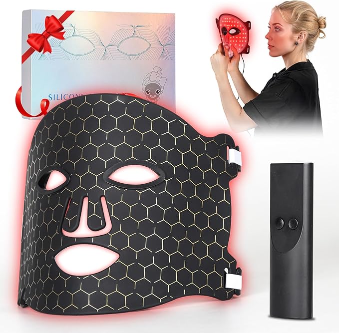 LED Light Therapy Face Mask for Full-face Wrinkles, 4 Colors Red Light Therapy Facial Mask, Rechargeable Portable for Travel and Home Use (Black)