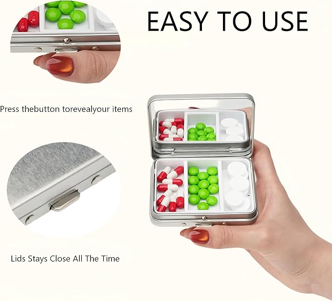 2Pcs Small Pill Case with Mirror 3 Compartment Metal Pill Box for Purse and Pocket,Portable for Daily Vitamins and Medication(Silver)