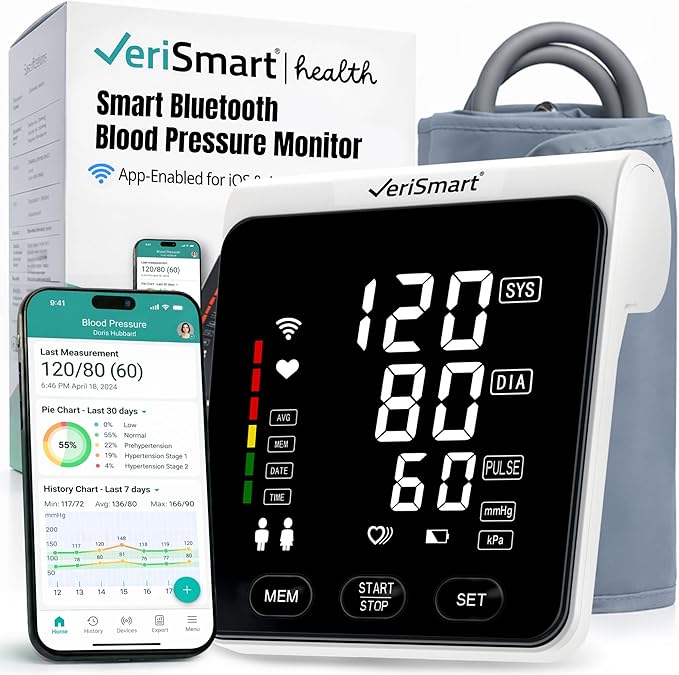 Smart Bluetooth Blood Pressure Monitor by VeriSmart Health - FDA-Cleared, Vivid 6.5" LED, Comfort-Inflate Tech, Ultra-Slim Design, Battery & USB-C, Wireless Secure US-Hosted App
