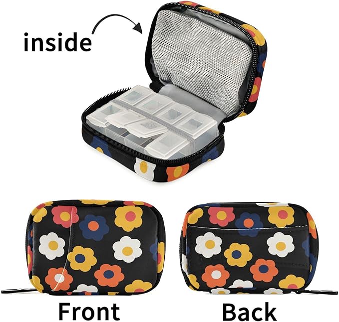 Fustylead Groovy Trendy Boho Retro Cute Flower Pill Organizers 2 Times A Day Pill Case Bag with Zipper Portable Weekly Pill Dispensers for Vitamin Supplement