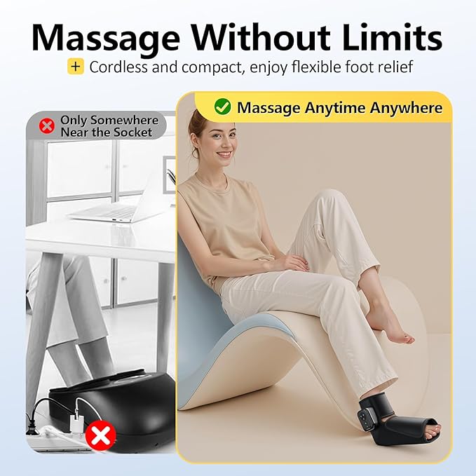 Comfytemp Air Compression Therapy Device K1007, Portable Foot Massager with Heat, Cordless Ankle Massage Boot for Pain Relief and Circulation, Ideal for Men Women Seniors (1Pack, Fits Size 6 to 10)