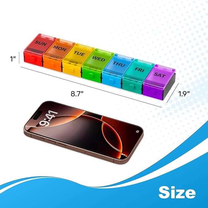 Push Button Weekly Pill Organizer, Medicine Pill Organizer with Label, Pill Box Case 7 Day, Pill Container for Vitamins, Fish Oil, Supplements Medication (Colorful)