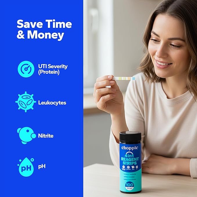 Choppie 4-in-1 Full Panel UTI Test Strips for Women & Men (100 Strips), Test UTI Presence for Home Use, Proneness & Severity, Urine Test Strips for Bladder and Urinary Tract Infection Monitoring