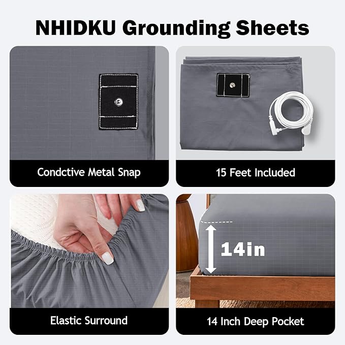 Grounding Sheets Twin Grounding Fitted Sheet Deep Pocket 90% Cotton 10% Silver Fiber Grounded Sheets Earth Connected Bed Sheet (39"*75"*14",Grey) (Twin)