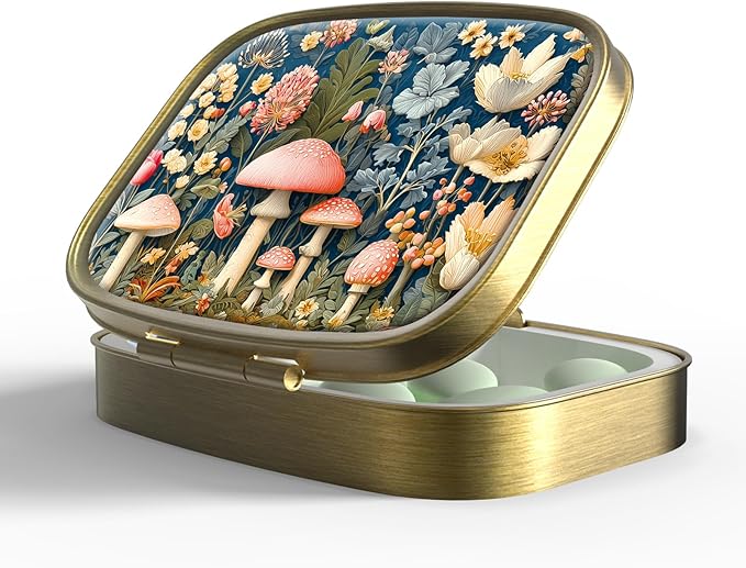 Small Pill Box Pill Case with Mirror Retro Pocket 2 Compartment Pill Holder for Purse or Pocket Bronze Portable Medicine Vitamin Container Fish Oil and Supplement Storage BPA-Free