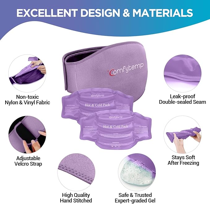 Comfytemp Ice Pack for Back Pain Relief, 2 Pcs, Sciatica Ease Brace, Reusable Gel Lower Back Ice Wrap for Injuries, Hot Cold Compress for Lower Lumbar, Waist, Men Women After Surgery (Purple)