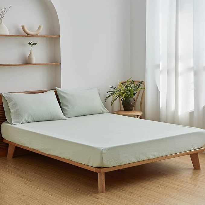 Simple&Opulence Belgian Linen Sheet Set Solid Color - 3 Pieces (1 Flat Sheet, 1 Fitted Sheet & 1 Pillowcase) Natural Flax Cotton Blend Soft Breathable Farmhouse Bedding - Twin Size, Mint Green